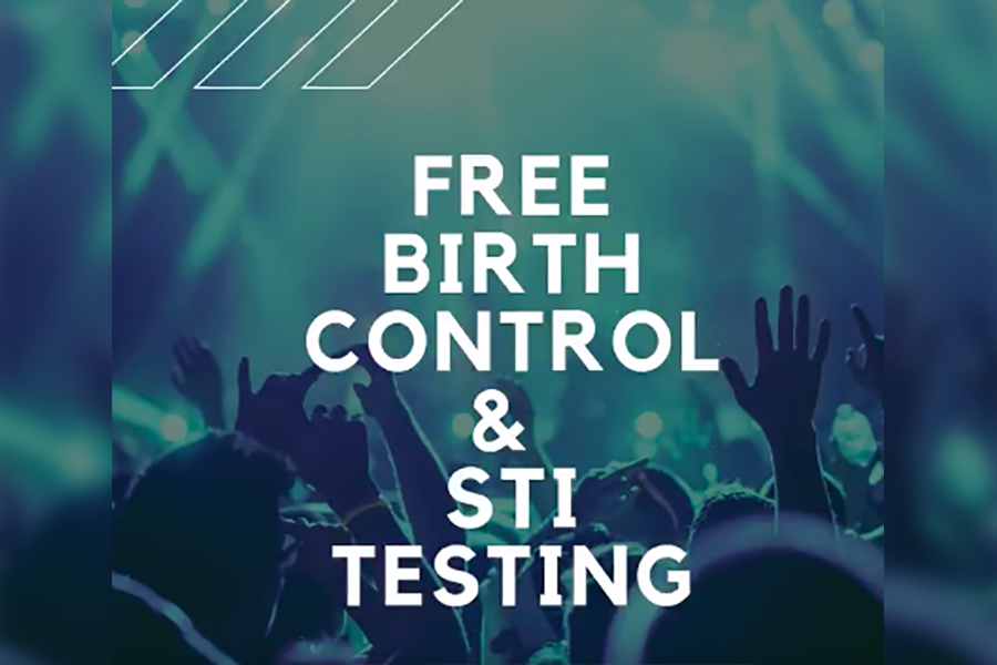 Free birth control and STI testing on a green background.