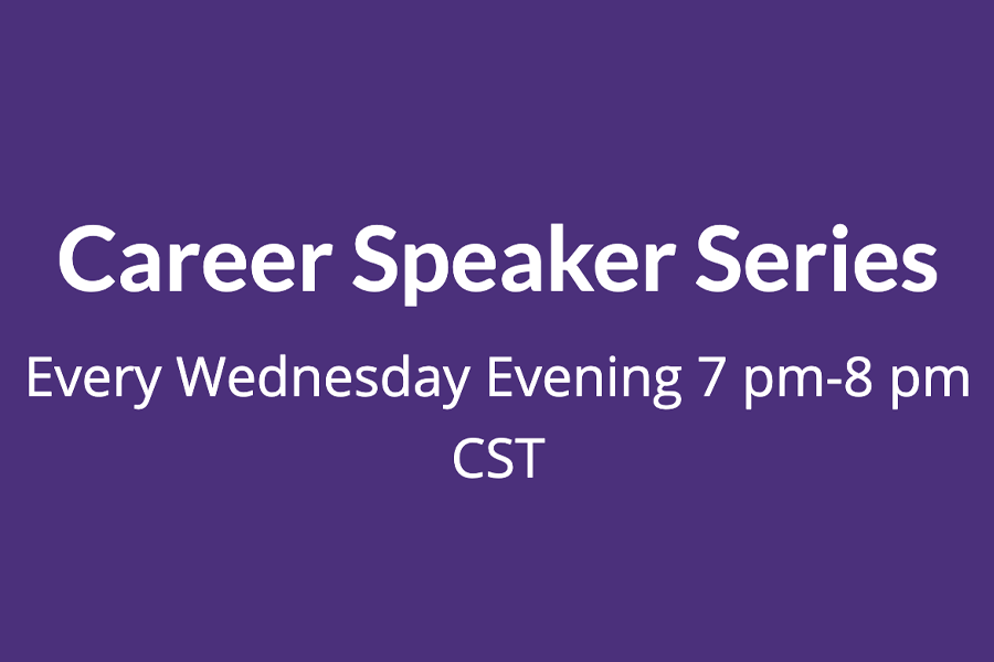 Career speaker series written in white on a purple background.