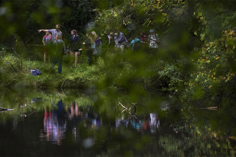 Students and a faculty member explore a wooded area with a small body of water.