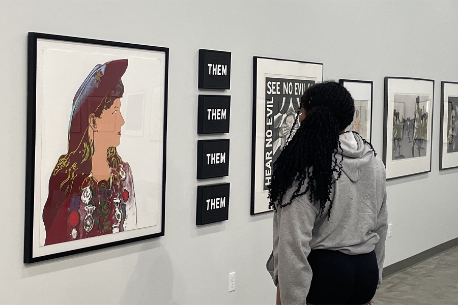 A person looks at art on a wall.