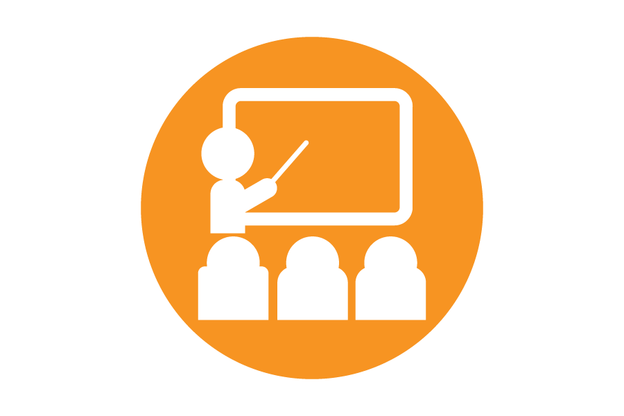 An orange circle with an icon of a teacher teaching a class within it.