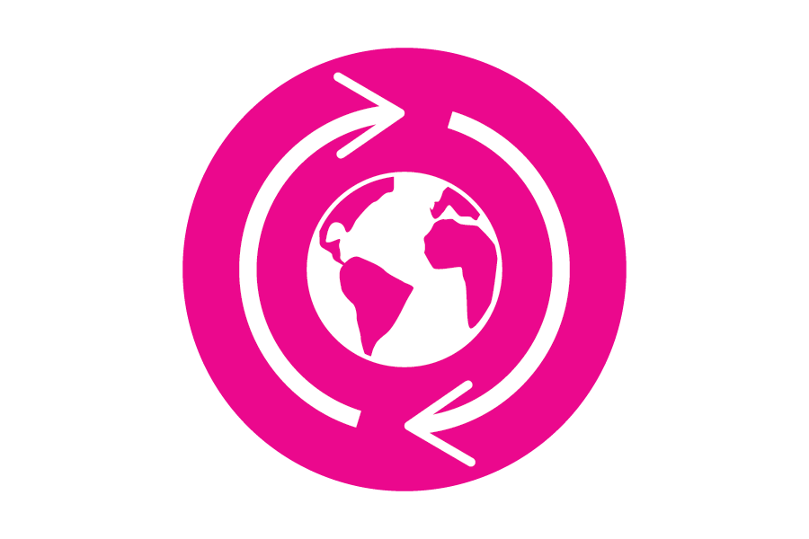 Icon of the earth with arrows curved around it on a pink background