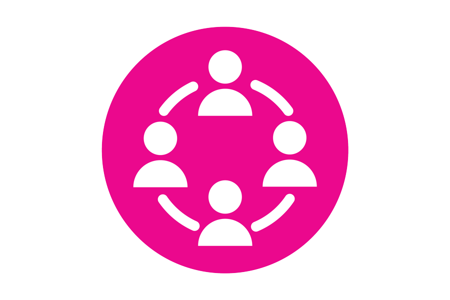 A round pink circle with four white person icons connected by circular lines
