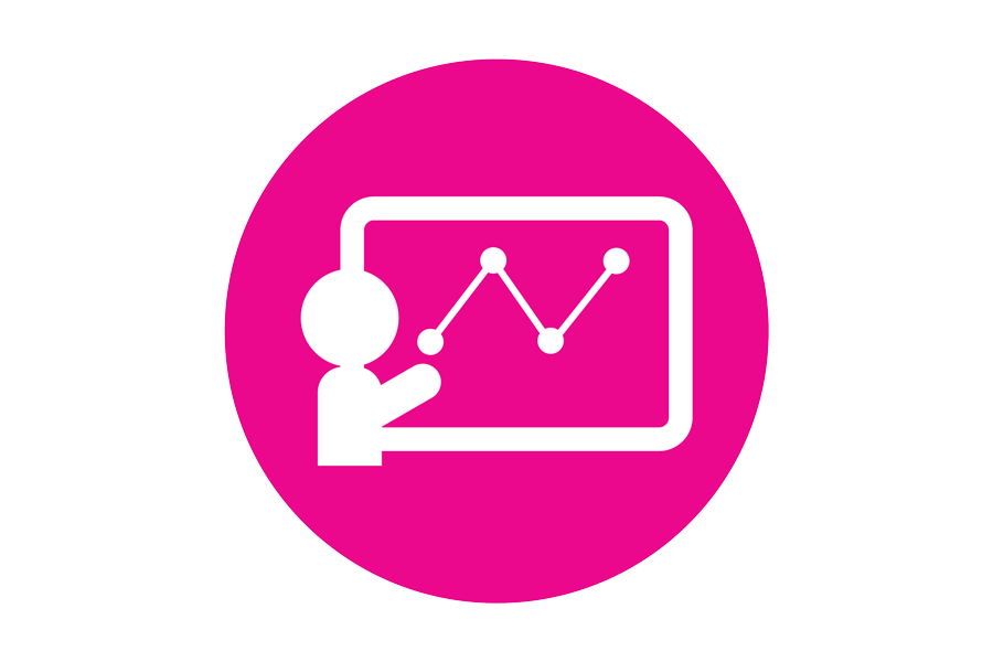 Icon of a person viewing a graph on a whiteboard, on a pink background