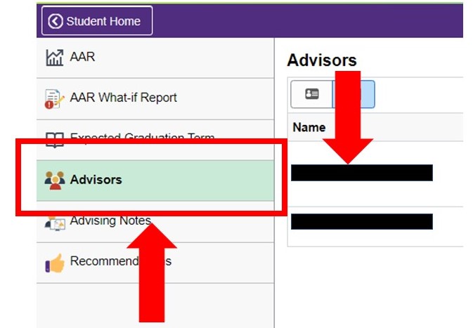 Advisors option highlighted in Student Home Menu