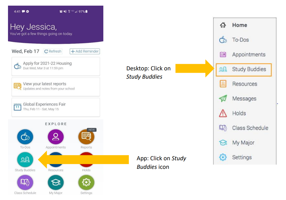 Navigate Student app - Study Buddies button