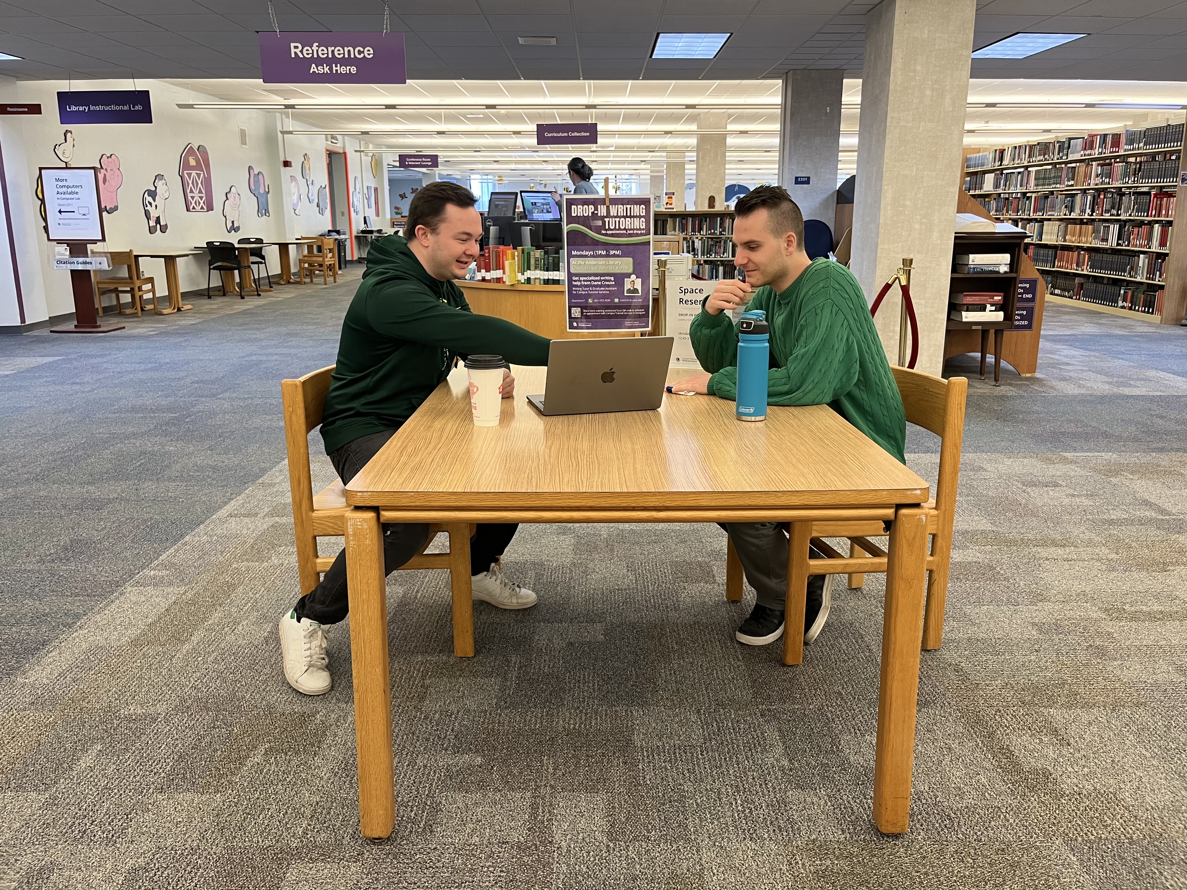 Student in green shirt and a tutor sitting at a table. The tutor points at a laptop screen while the student watches.