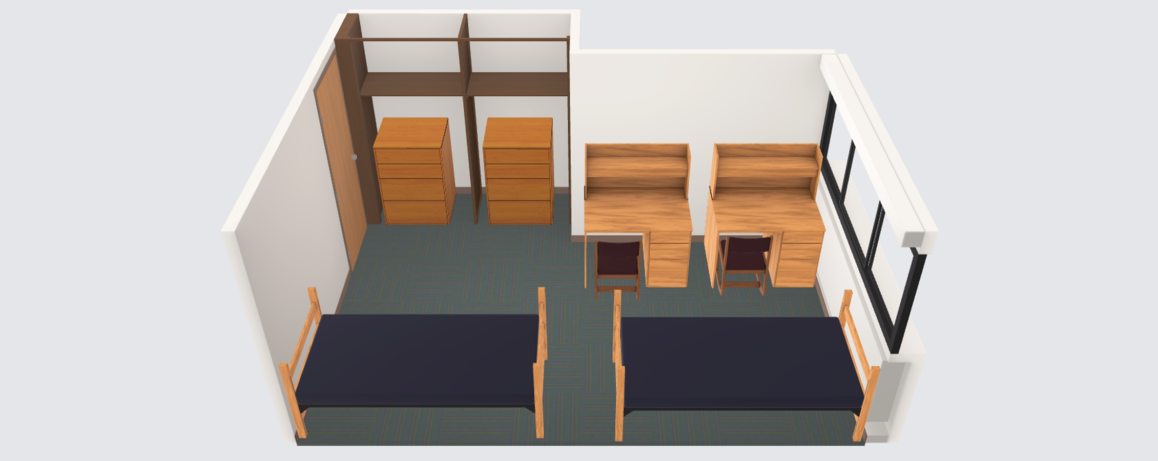 A virtual image shows a square room with two sets of shelves, two desks with chairs, two beds, and a window.