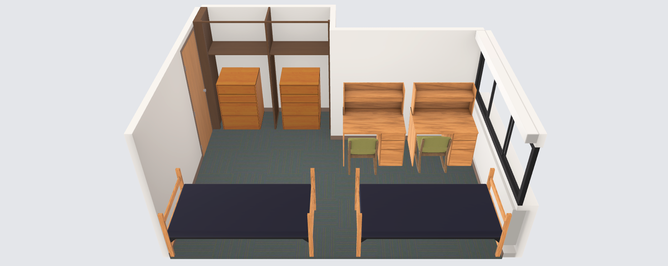 A virtual image shows a square room with two sets of shelves, two desks with chairs, two beds, and a window.