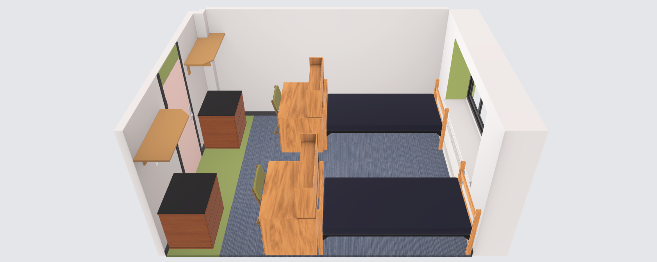 A virtual image shows a square room with two sets of shelves, two desks with chairs, two beds, and a window.