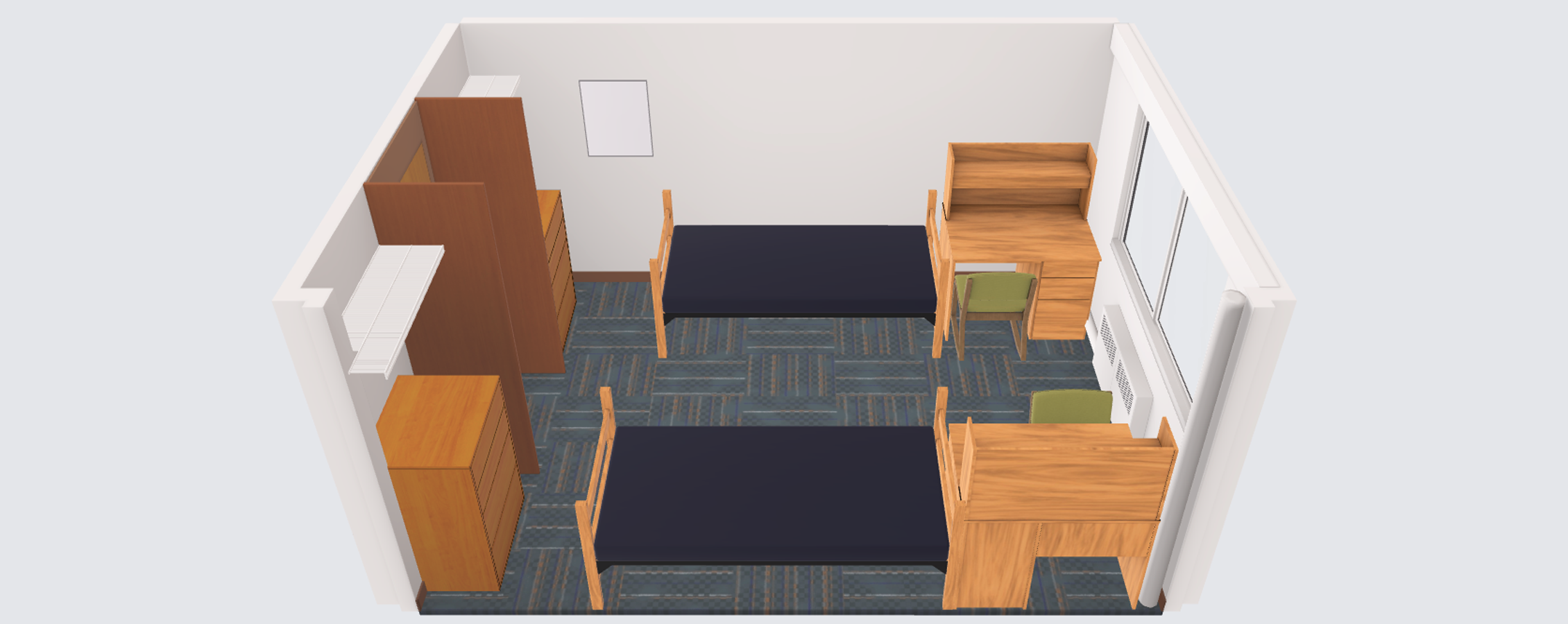A virtual image shows a square room with two sets of shelves, two desks with chairs, two beds, and a window.