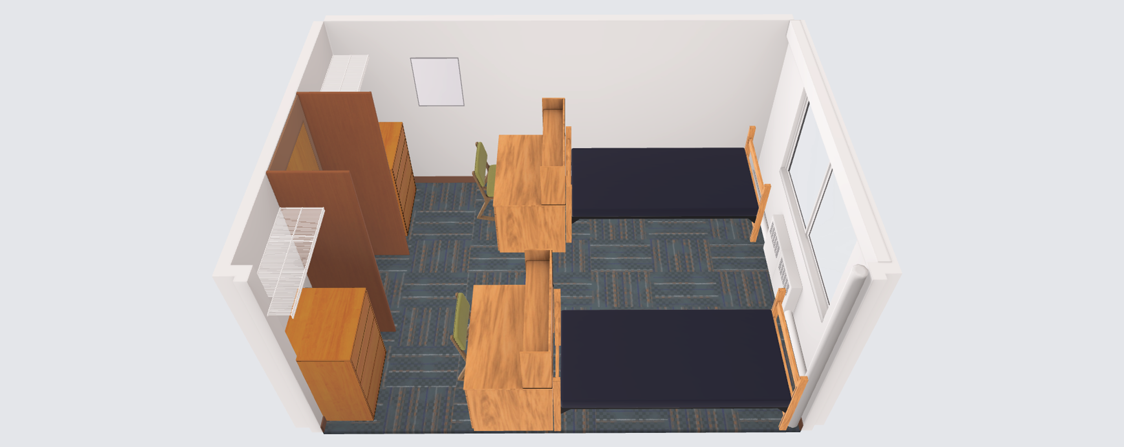 A virtual image shows a square room with two sets of shelves, two desks with chairs, two beds, and a window.