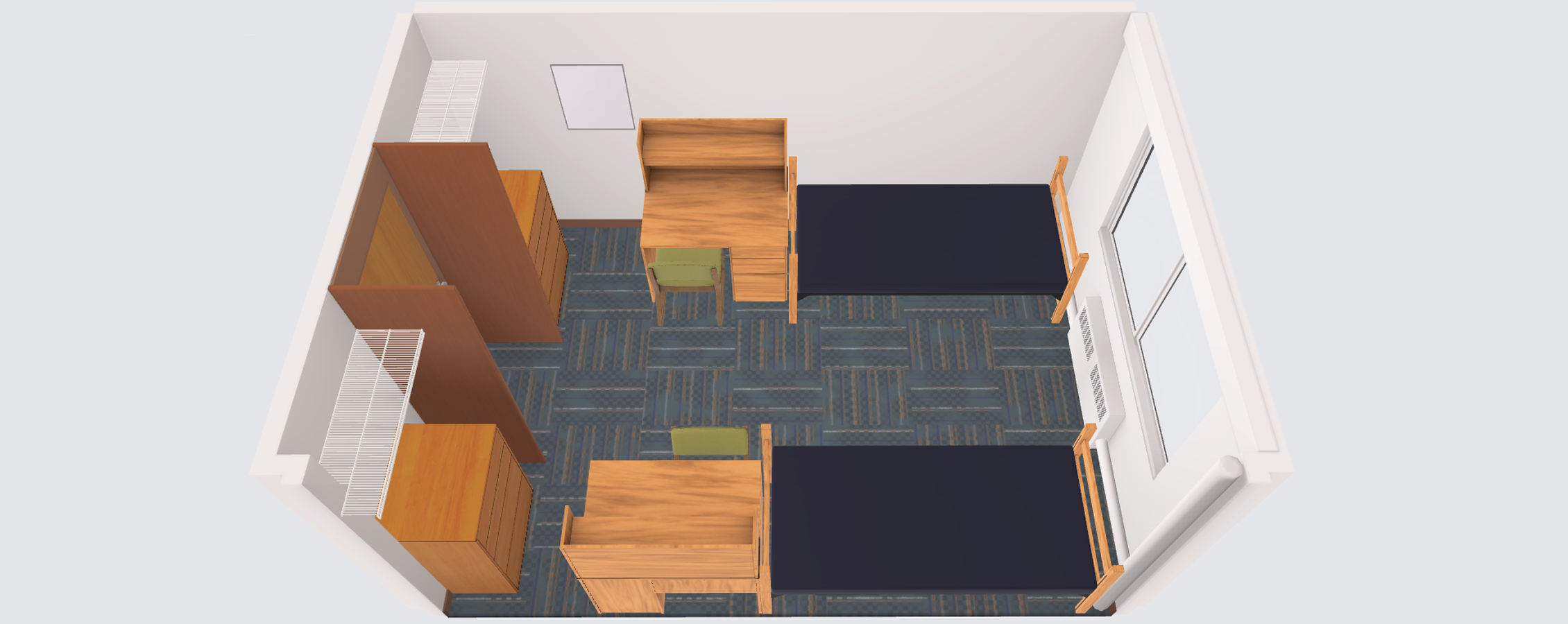 A virtual image shows a square room with two sets of shelves, two desks with chairs, two beds, and a window.