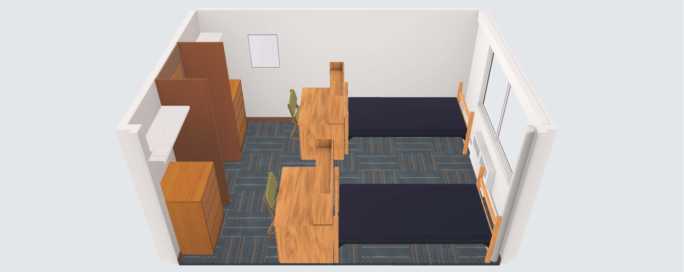 A virtual image shows a square room with two sets of shelves, two desks with chairs, two beds, and a window.