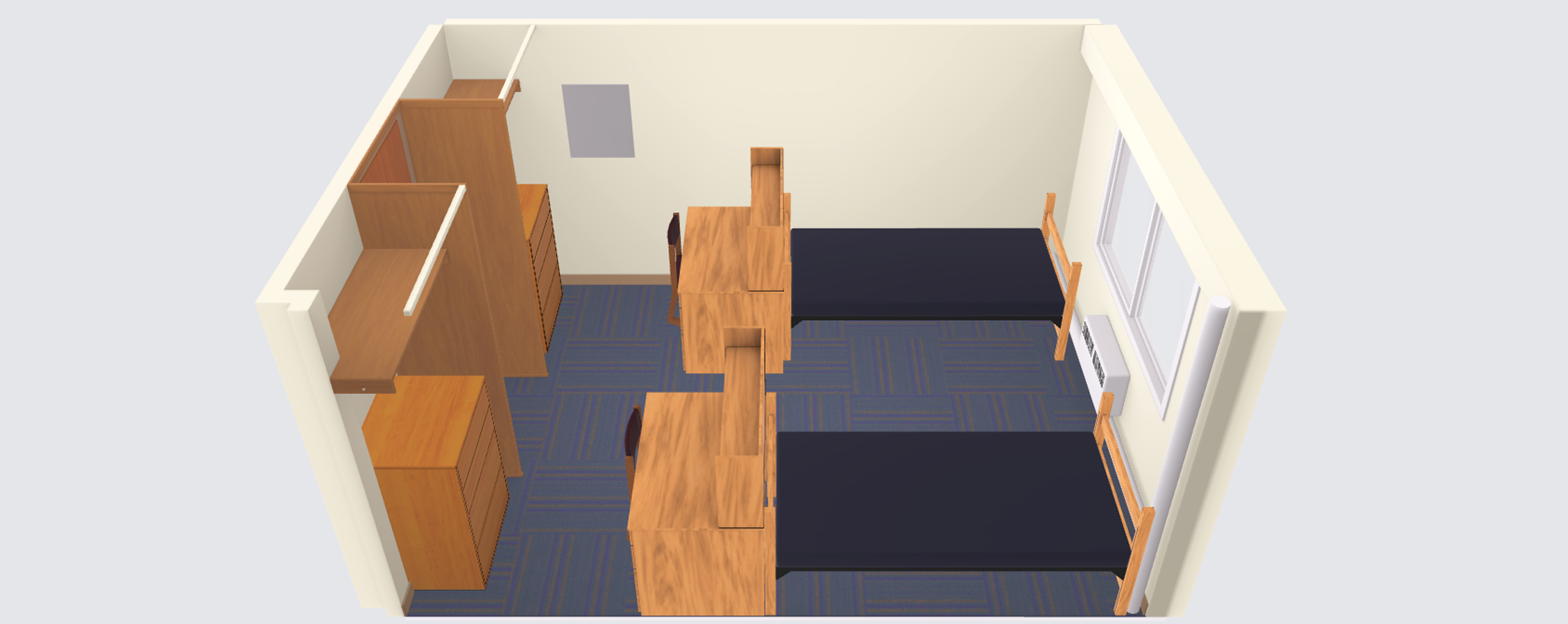 A virtual image shows a square room with two sets of shelves, two desks with chairs, two beds, and a window.