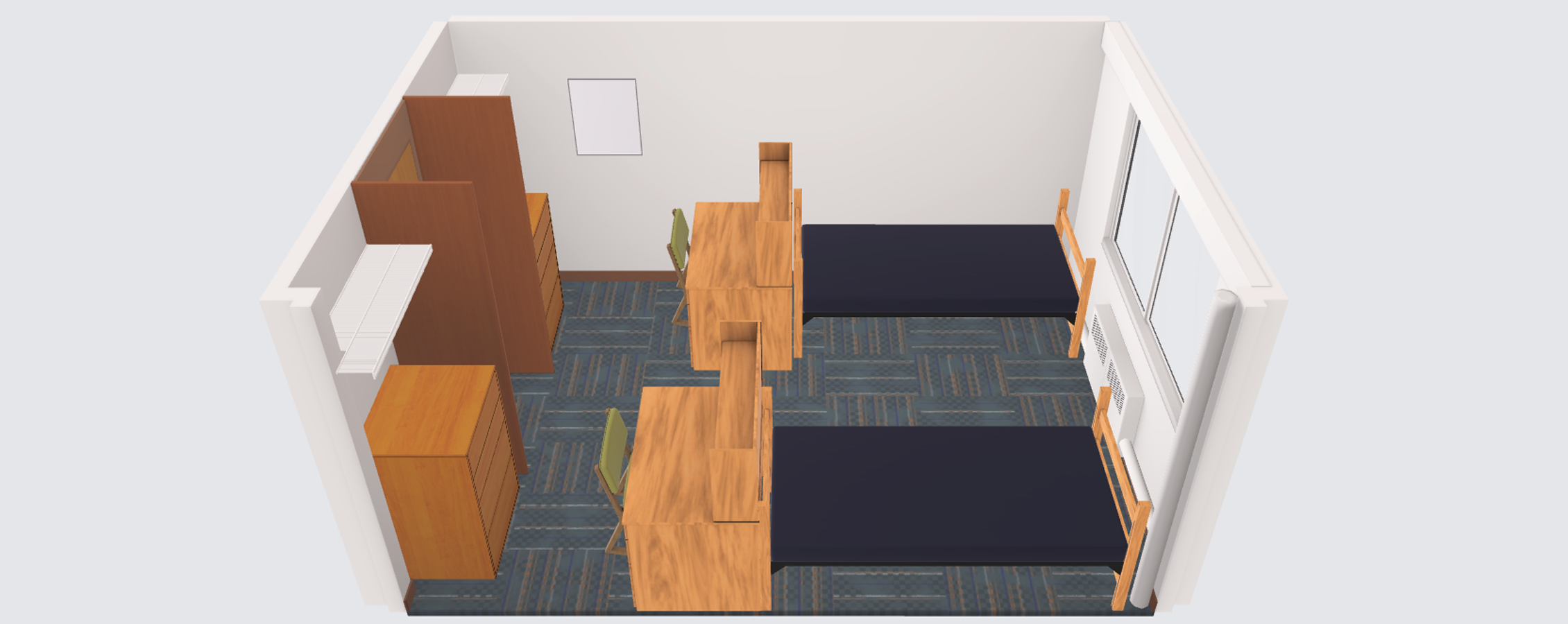 A virtual image shows a square room with two sets of shelves, two desks with chairs, two beds, and a window.