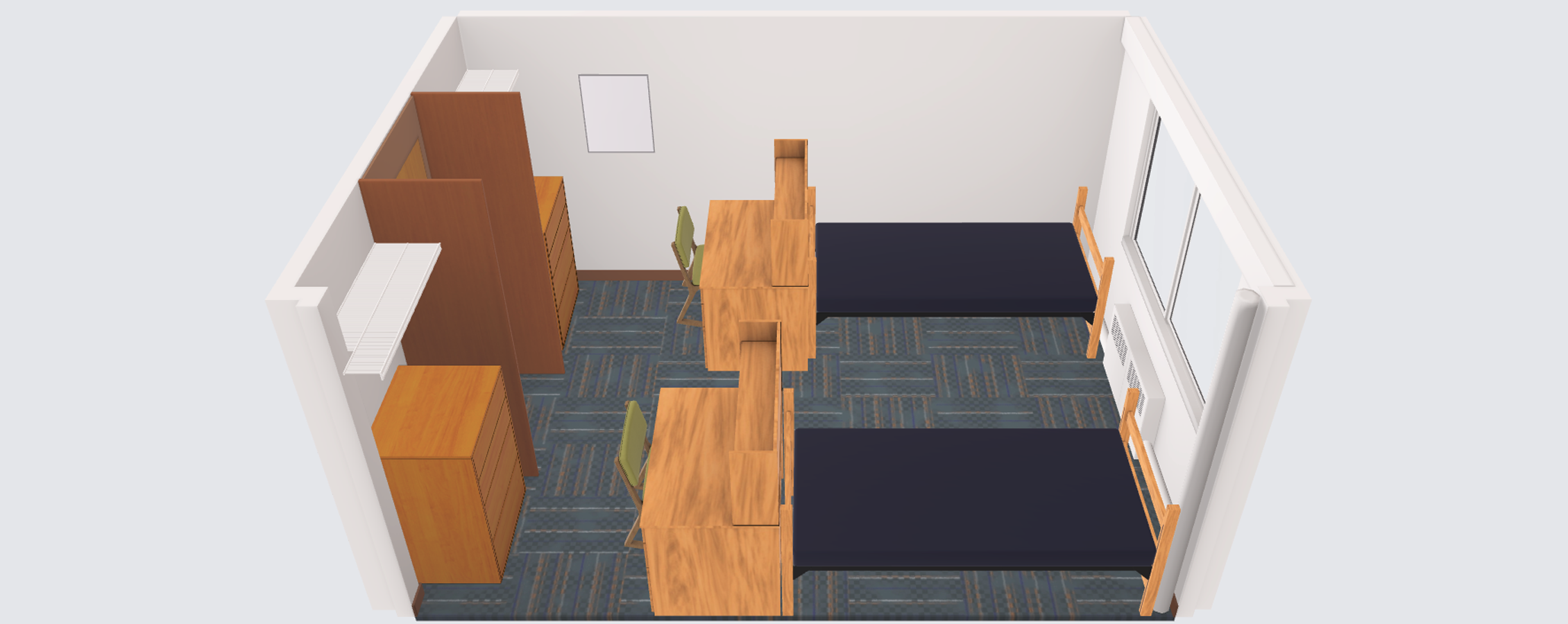 A virtual image shows a square room with two sets of shelves, two desks with chairs, two beds, and a window.