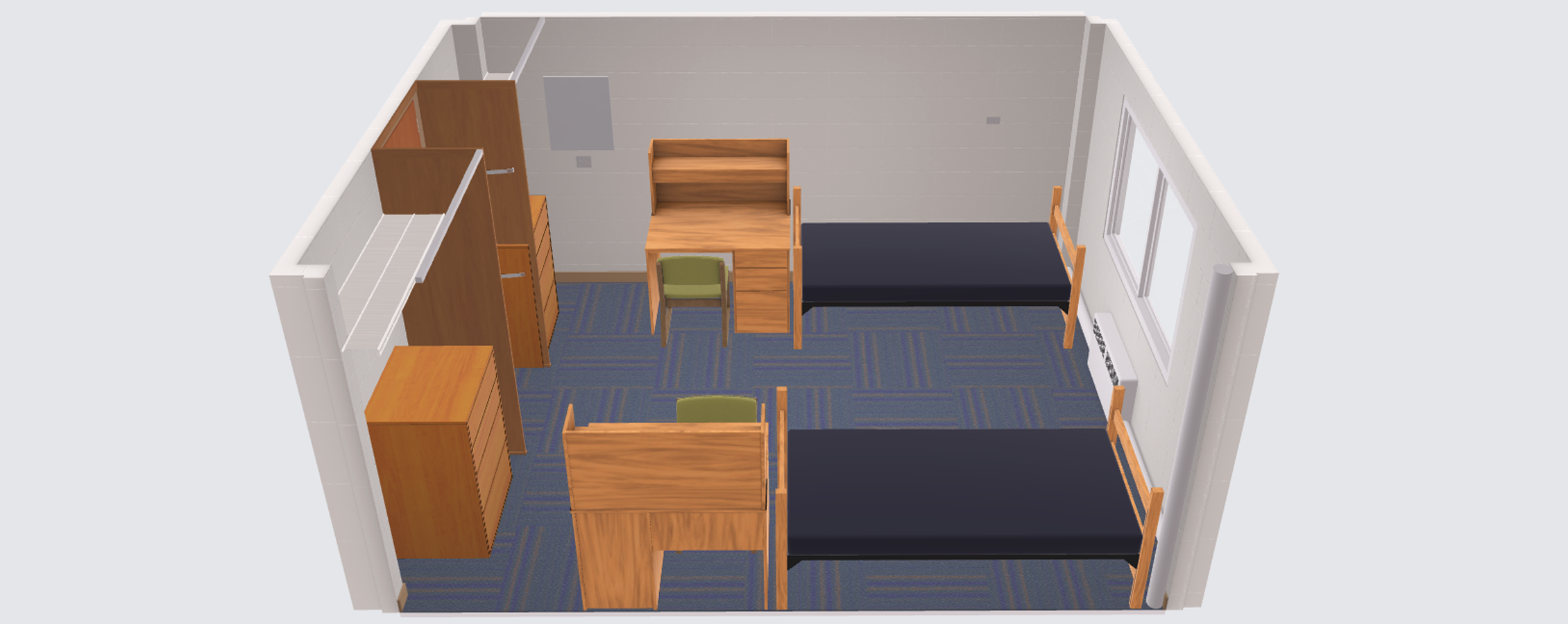 A virtual image shows a square room with two sets of shelves, two desks with chairs, two beds, and a window.