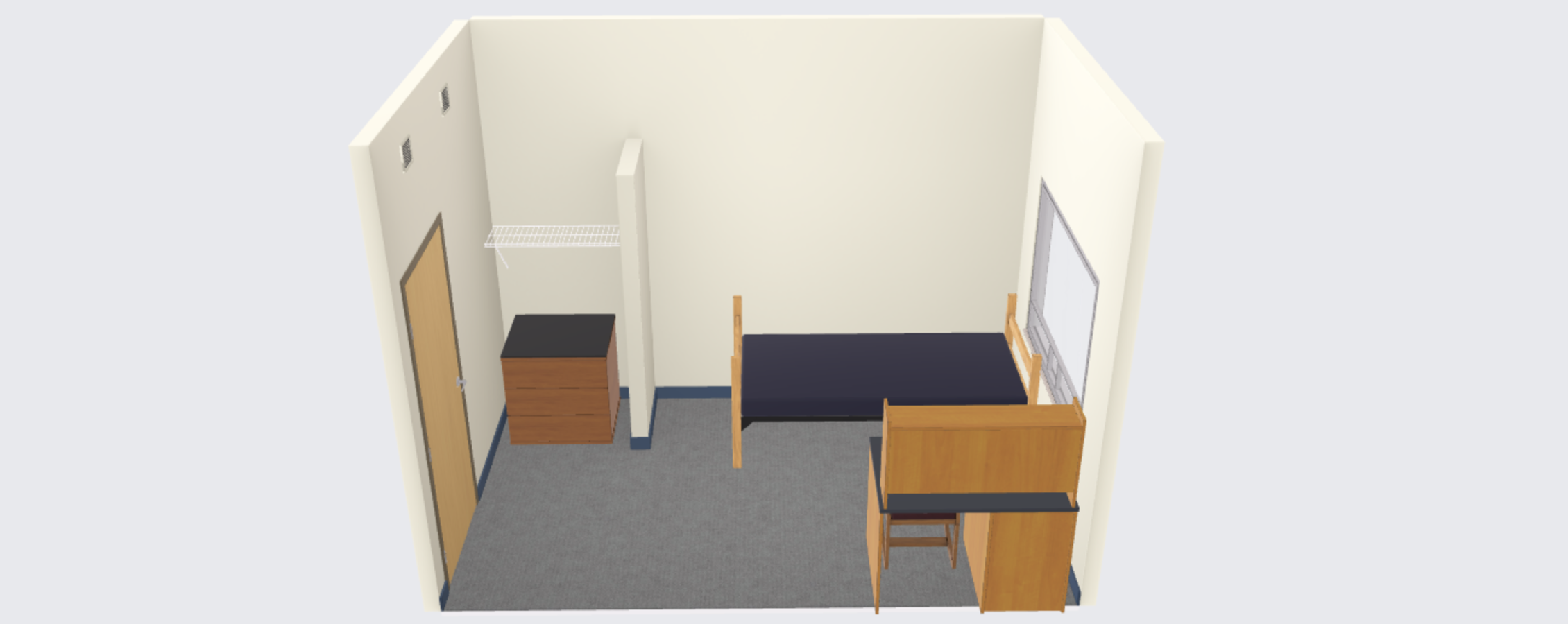 A virtual image shows a square room with two sets of shelves, two desks with chairs, two beds, and a window.