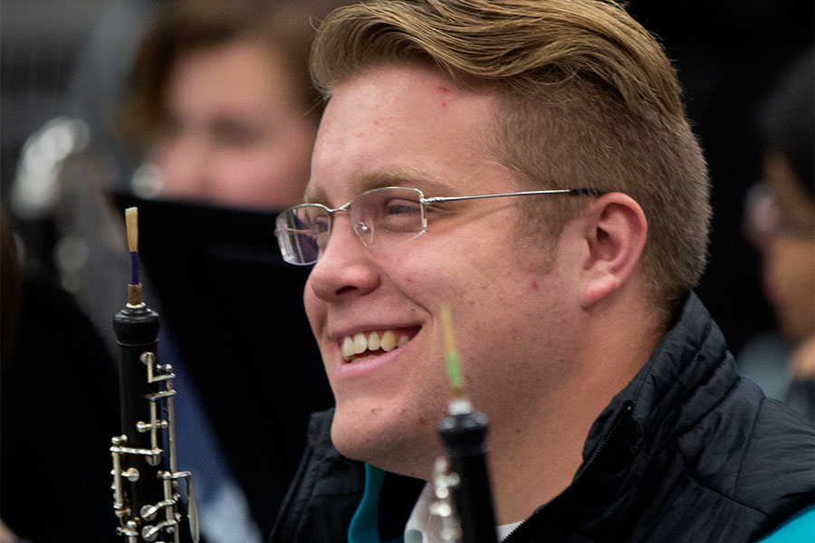Music major and Richard G. Gaarder Award Winner, Ryan Schultz sits in the oboe section in the UW-Whitewater Music Department.