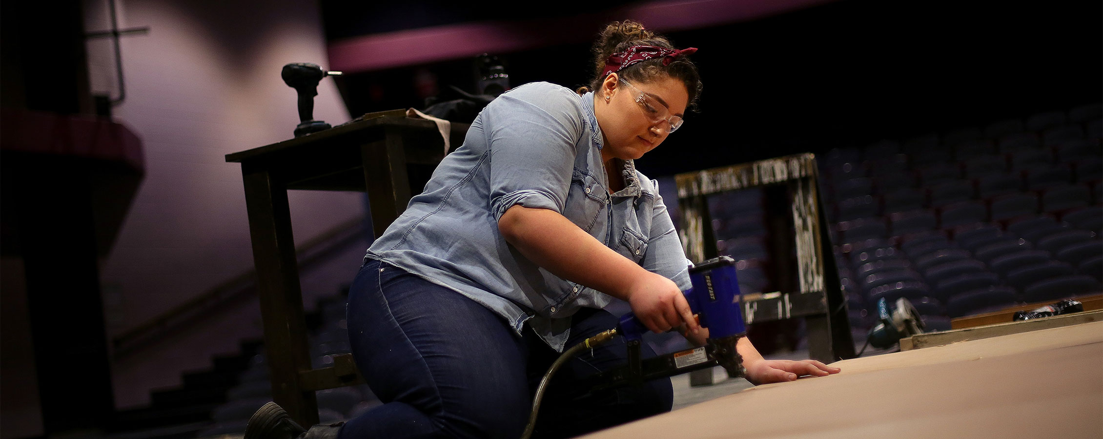 Theatre major creates a set for a play on the University of Wisconsin Whitewater campus.