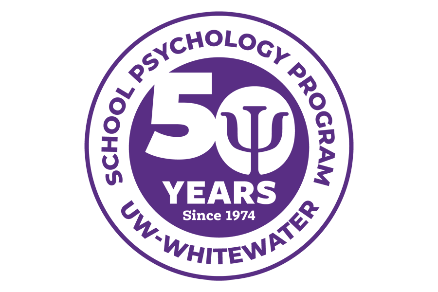 Purple and white circle logo that says School Psychology Program 50 years since 1974