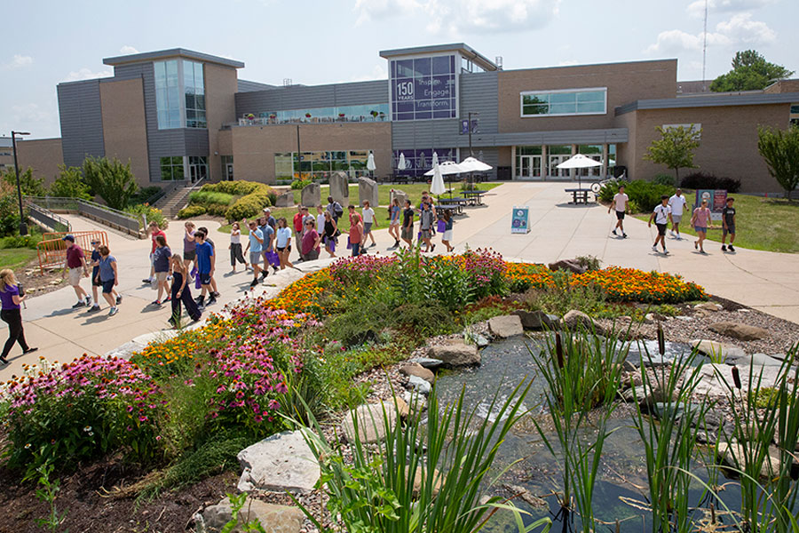 Ariel view of students walking through campus at UW-Whitewater 