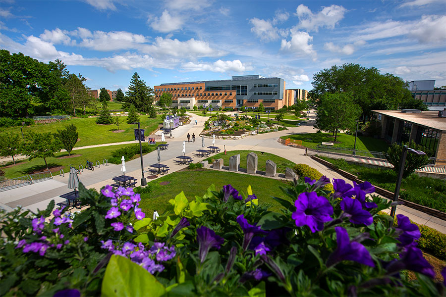 UW-Whitewater campus in summer, seen from the University Center second-floor balcony.