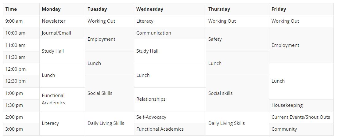 Week schedule in the LIFE program