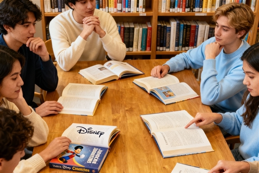 Students gather in the library to discuss book