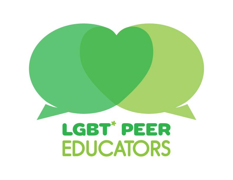 Two green hearts that overlap in the background. The words LGBTQ Peer Educators appears in the foreground. 