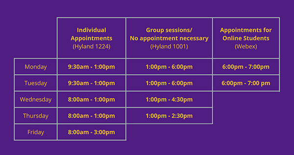 Purple graphic with orange text indicating appointment times