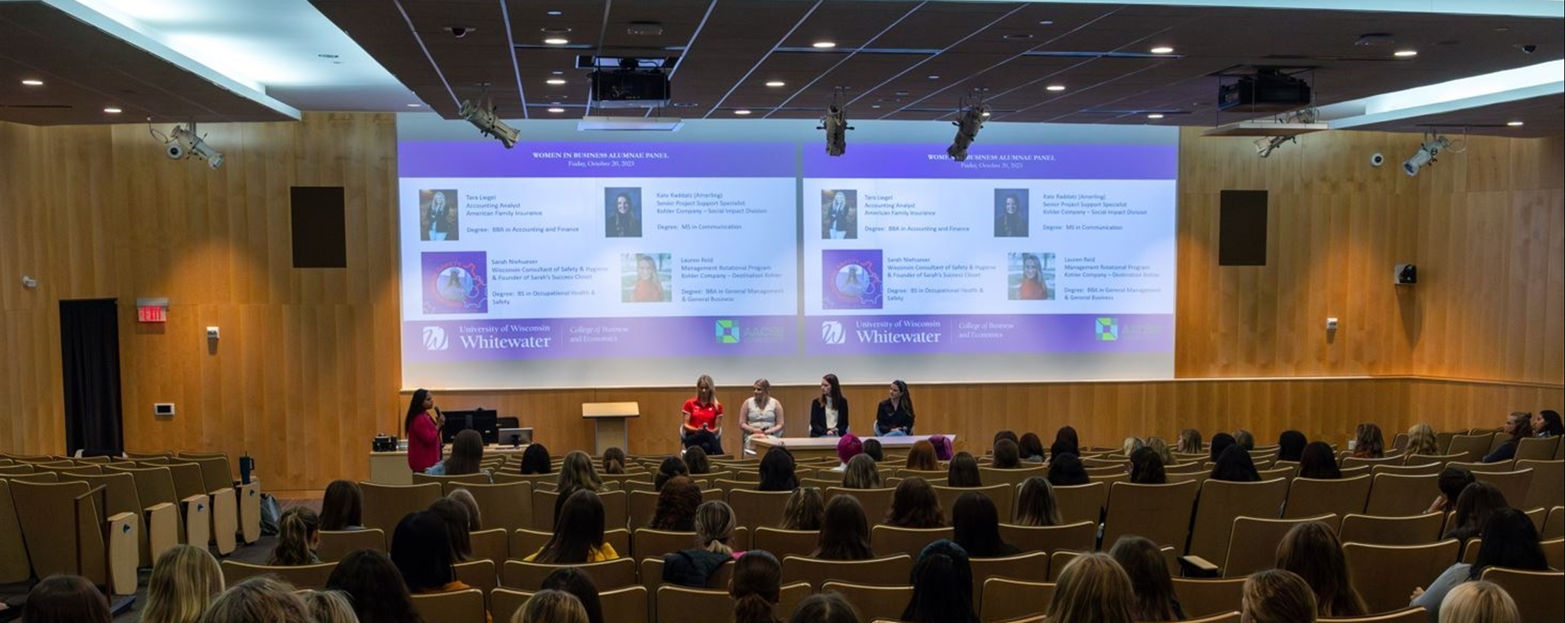 Women in Business Alumni Panel speaking in Hyland Hall