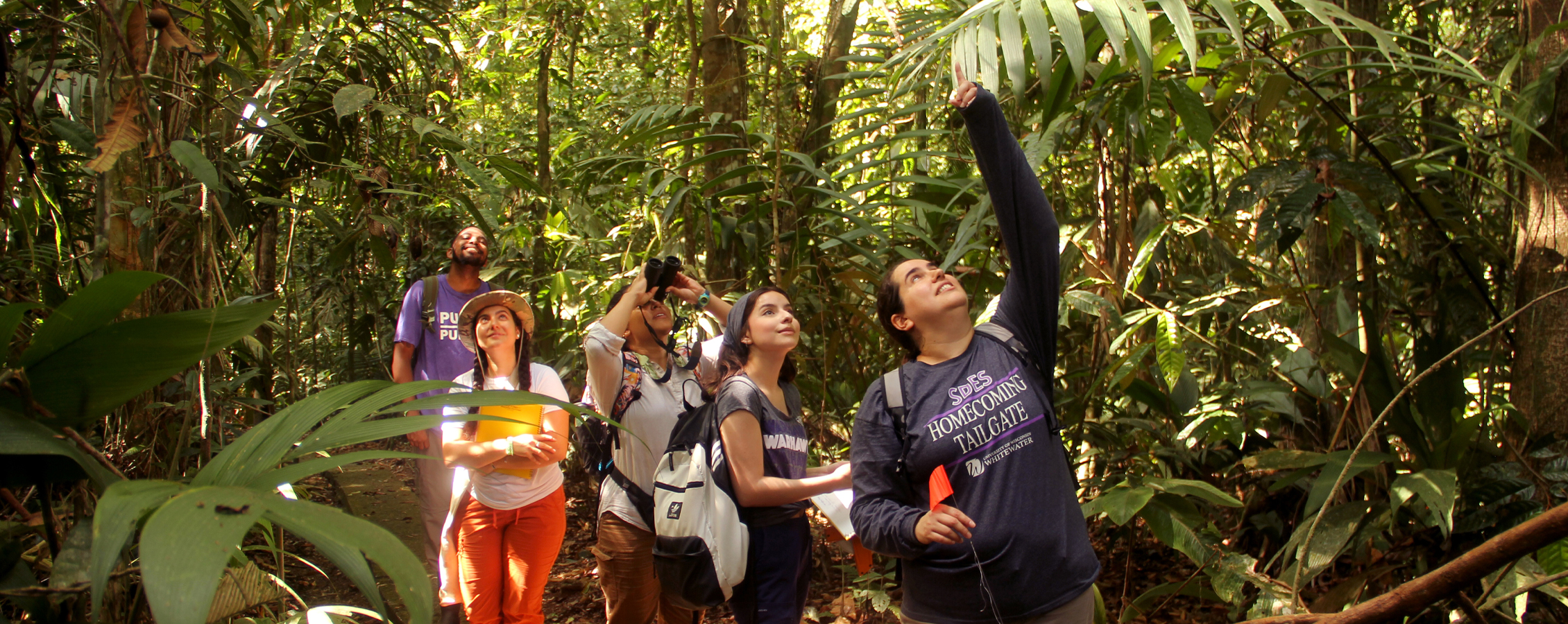 A faculty member leads a group of students through a jungle.