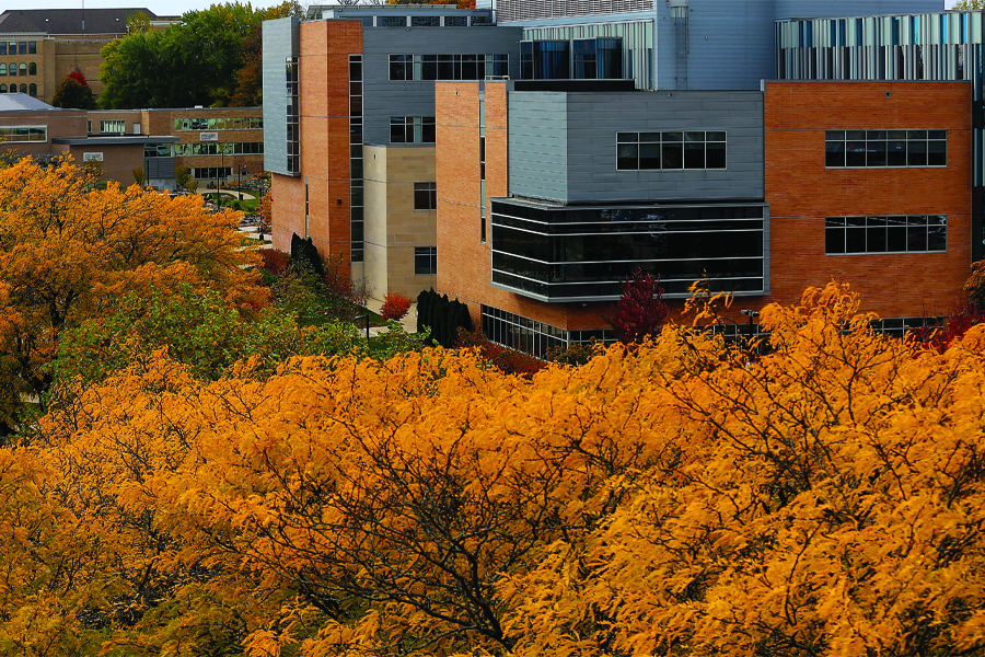 An aerial view of academic buildings surrounded by tall trees with bright orange leaves.