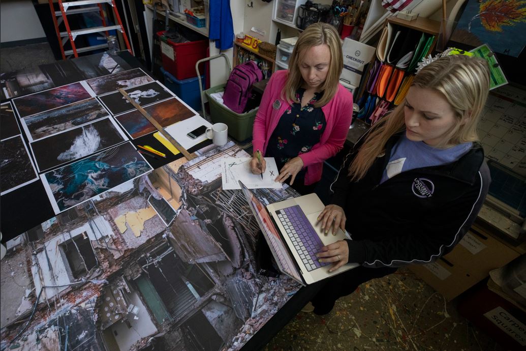 University Center Services Manager Tonia Kapitan, left, and Veena Johnson, a graduate student in Roberta's Art Gallery, check the inventory of pictures on June 12, 2023.