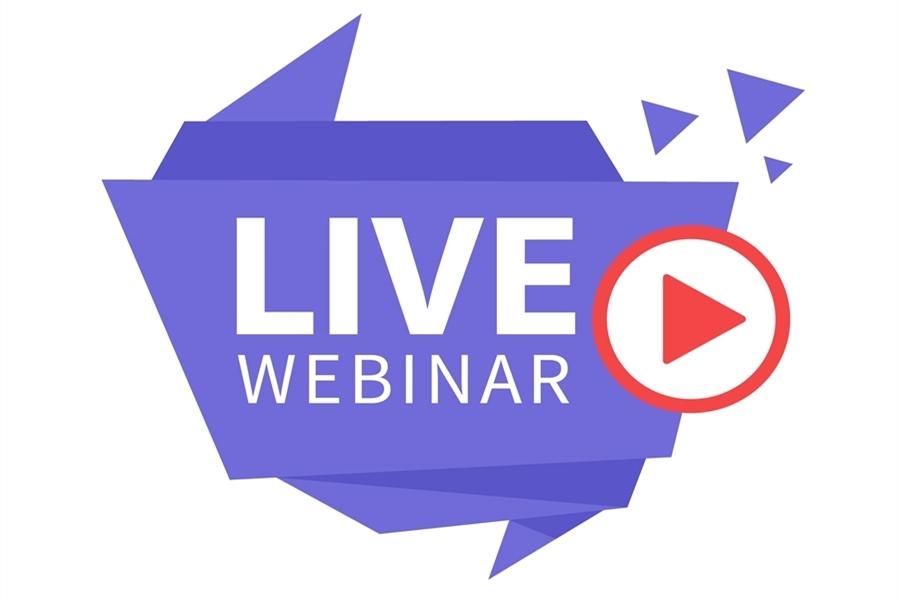 Live webinar text over a purple graphic shape with a red play button