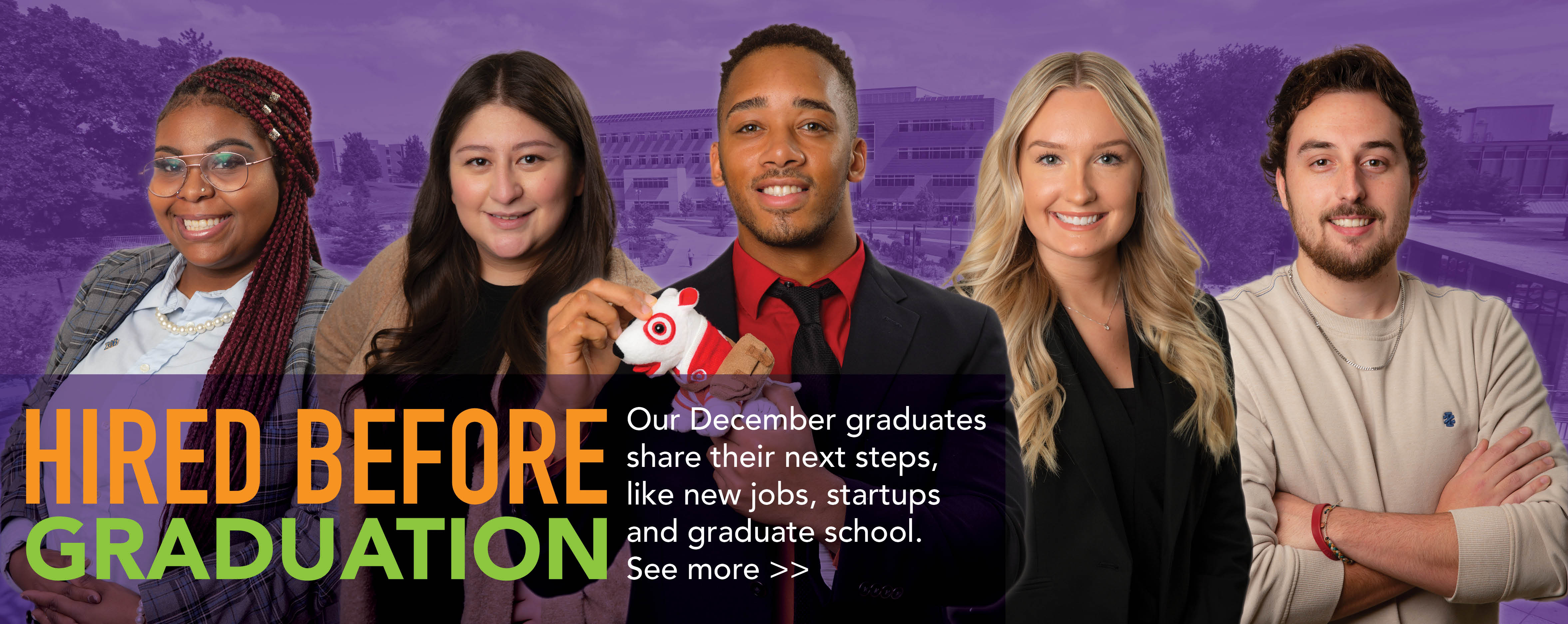 Students from Hired Before Graduation on a purple backgorund.