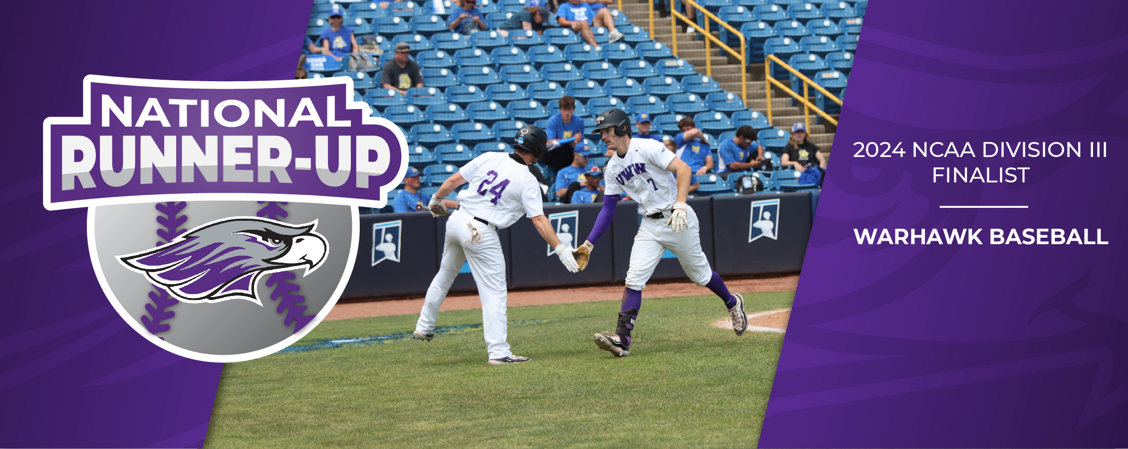 A graphic says National Runner-Up with a photo of two Warhawk baseball players slapping a low five on the baseball field.