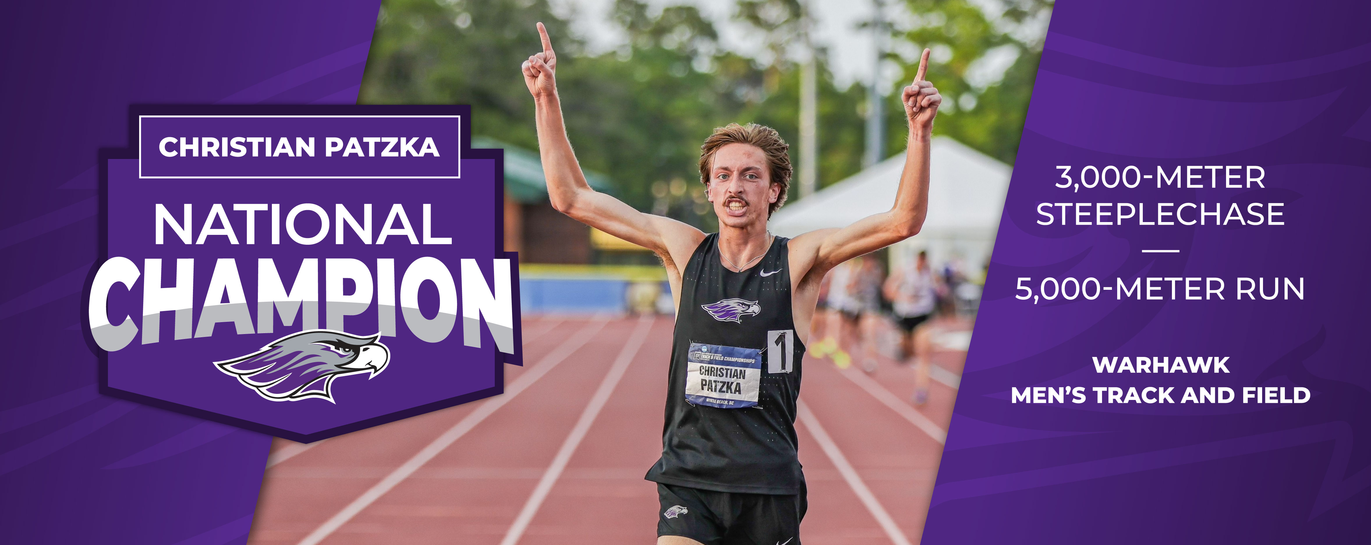 A photo of Christian Patzka crossing the finish line with his arms in the air.