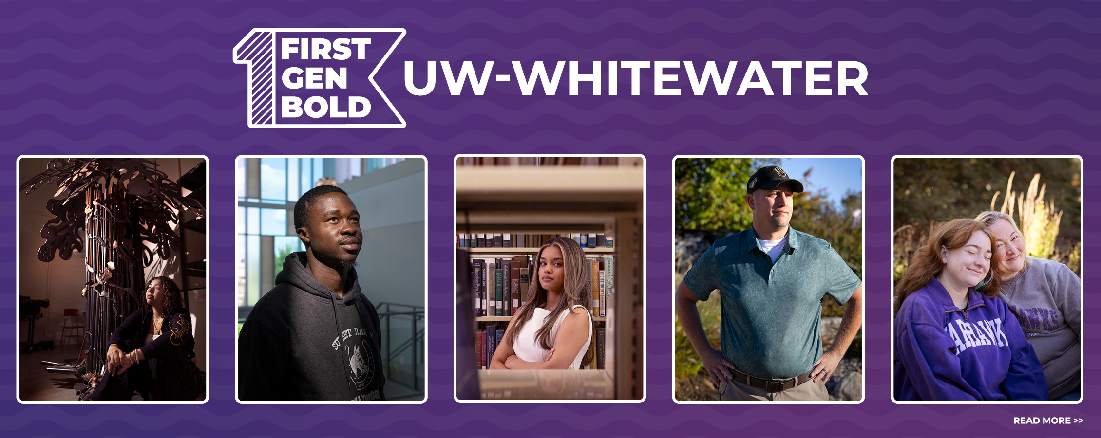 Portraits of five people with a banner that says First Gen UW-Whitewater.