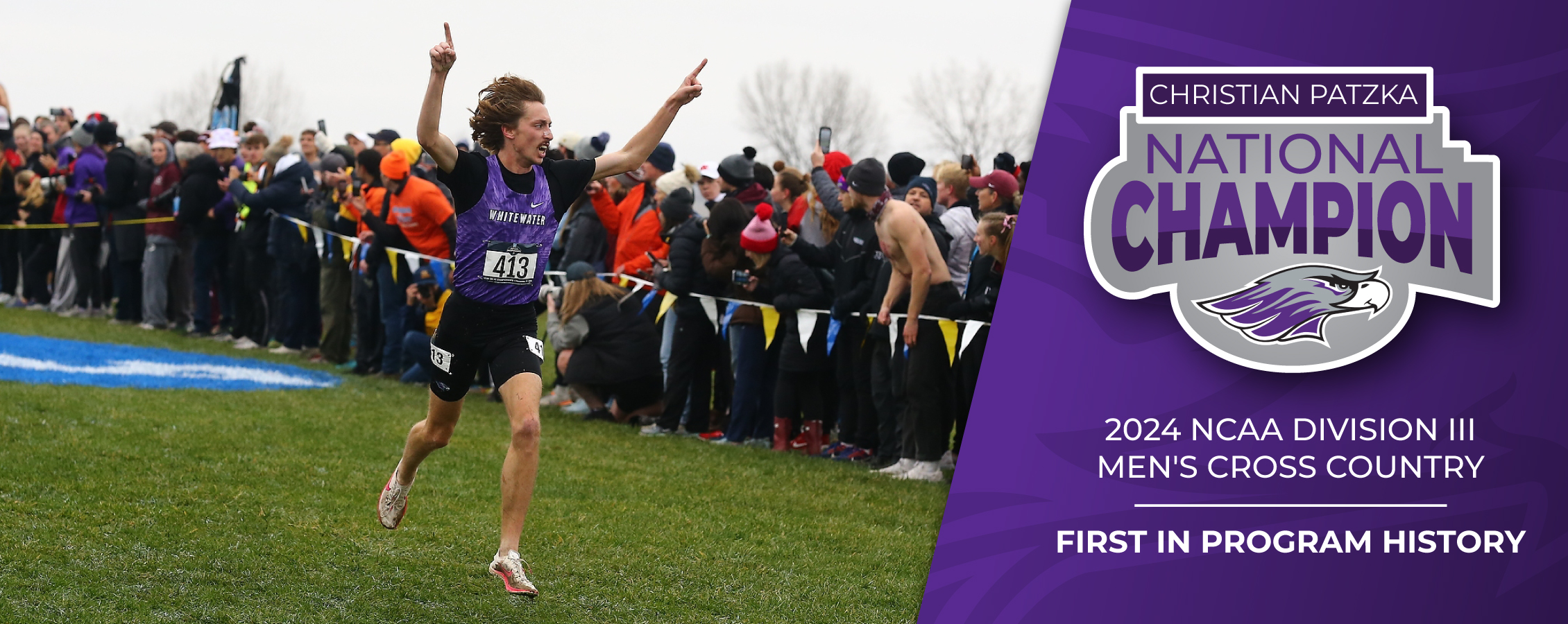 Christian Patzka runs outdoors with his arms up in celebration.