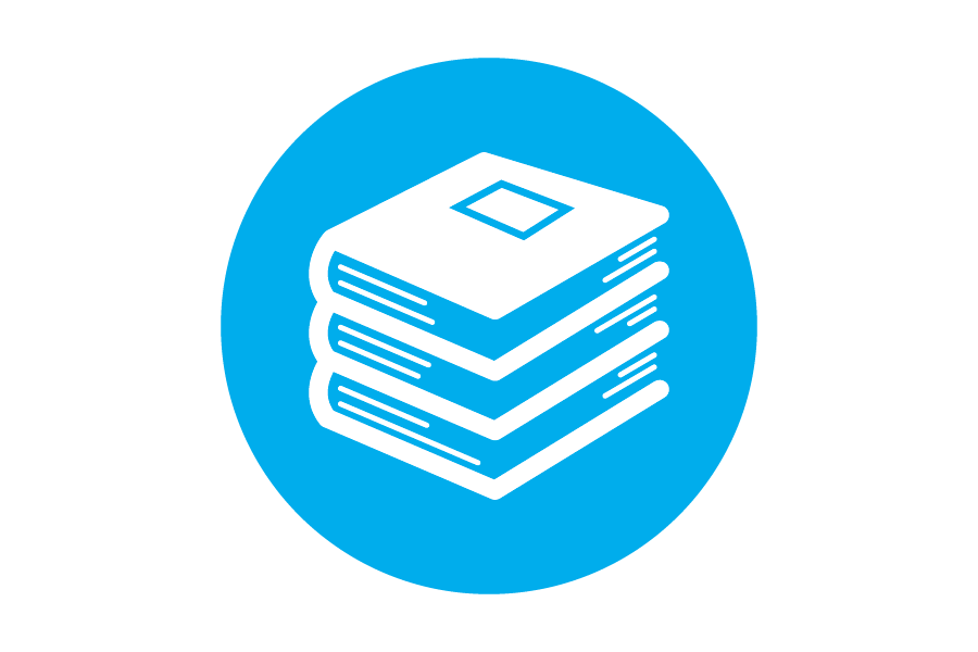 Blue circular icon with a stack of books in it