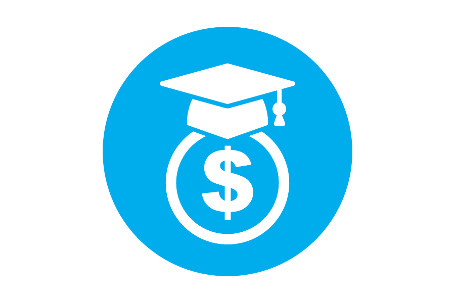 Icon of a dollar sign with a graduation cap on top of it.