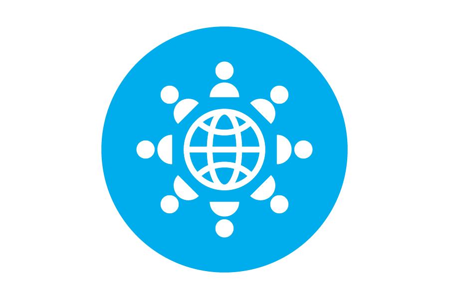 Icon of people connecting on a blue background.