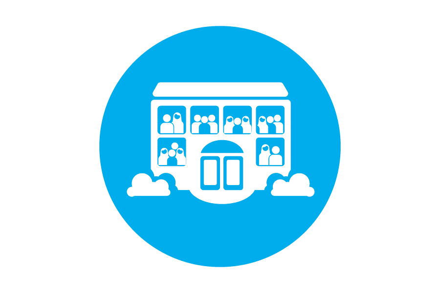 Round blue icon with a picture of a school with people inside and bushes out front