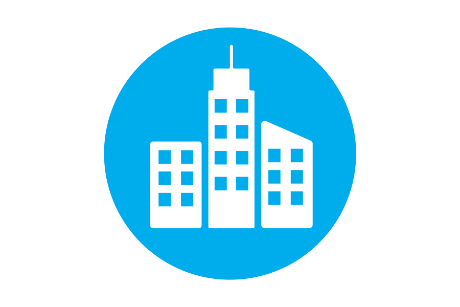 Graphic of three tall white buildings on a blue background.