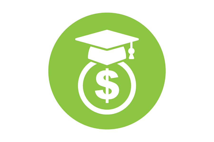 Circular green icon with a graduation cap inside with a dollar sign under it.