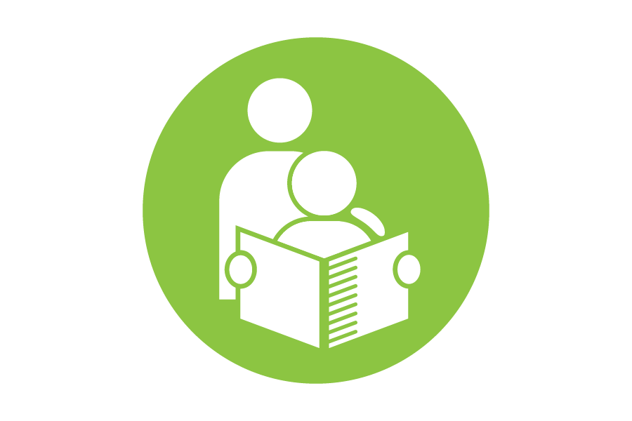 Green icon of a teacher helping a student read a book