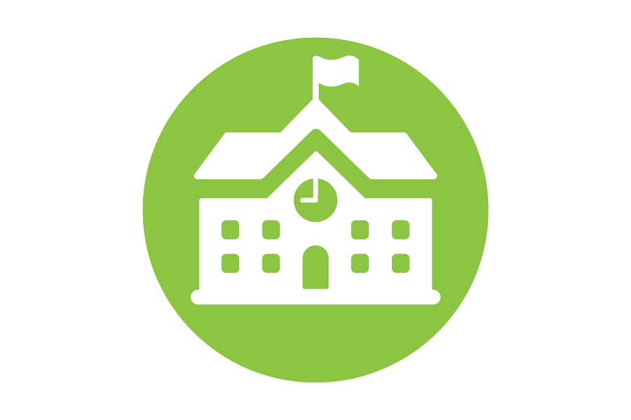 green icon of a school building with a clock on the front and a flag flying from the roof